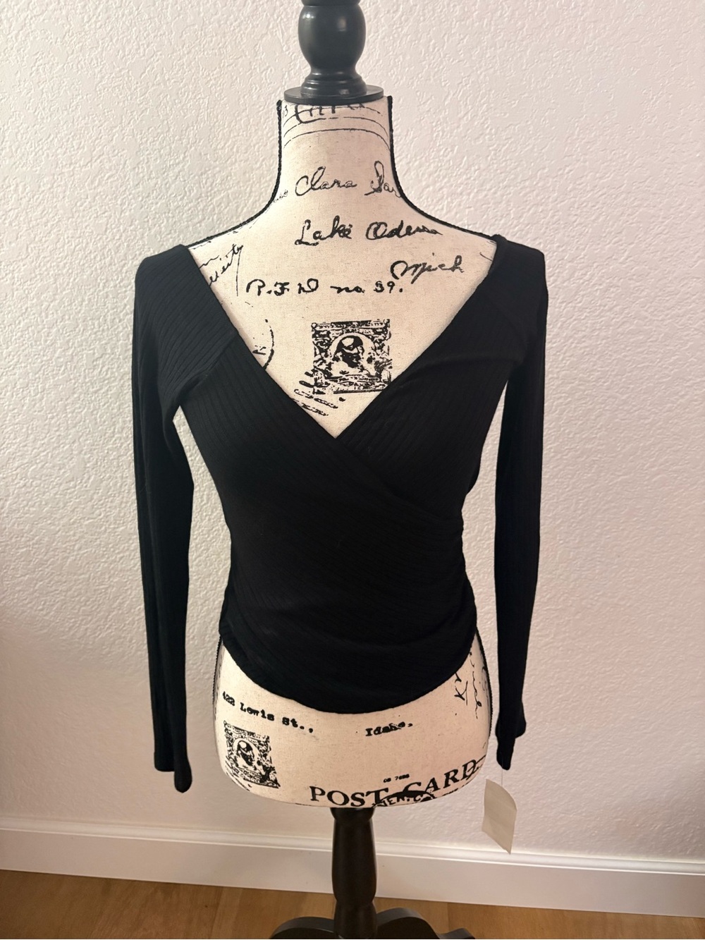 Reformation Black Ribbed Wrap-Style Long Sleeve Top